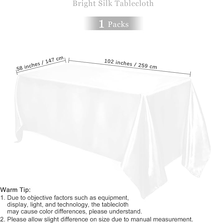 TURSTIN 1 Pack White Satin Tablecloth 102 x 58 Inch Overlay Satin Table Cover - Image 2