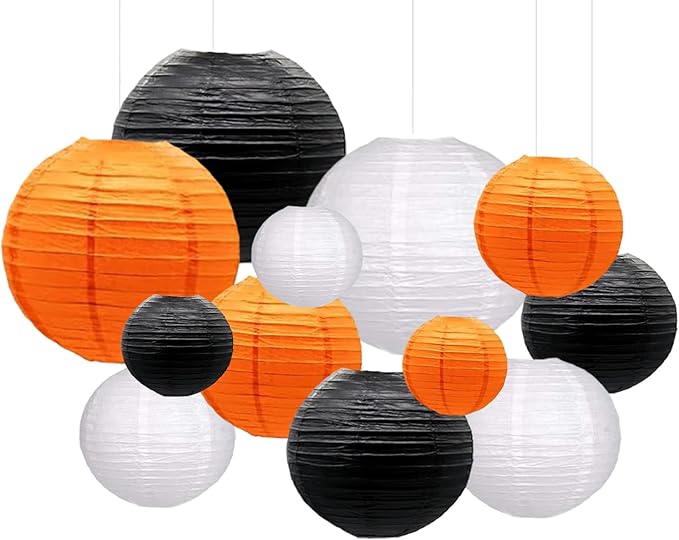 Orange Black White Paper Lanterns Decorative 12pcs Halloween Hanging Decorations by Capesaro