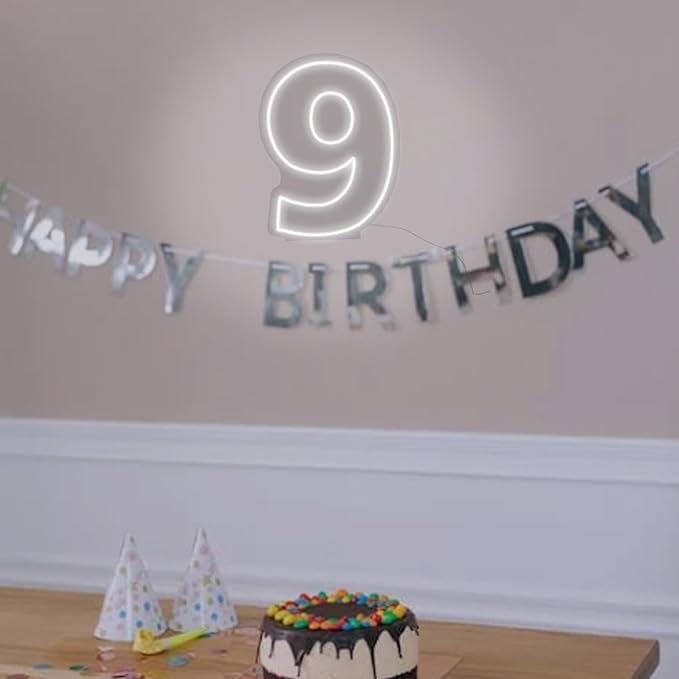 Number 9 Neon Sign for First Birthday, 16.54" Cool White USB Battery Powered - Image 3