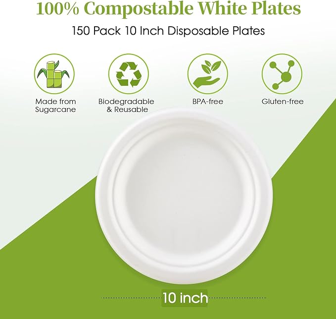 ECOLipak 100% Compostable 10 Inch Heavy Duty Paper Plates, 150 Pack Disposable - Image 2