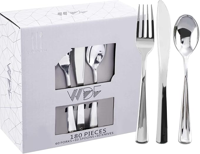 WDF 180 Pieces Silver Plastic Silverware by WDF