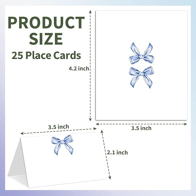 25 Blue Bow Place Cards for Table Seating, Watercolor Wedding Name Place Card - Image 2