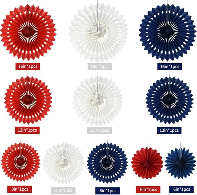 BEISHIDA Red White Blue Hanging Honeycomb Round Paper Fans Decoration Patriotic - Image 2