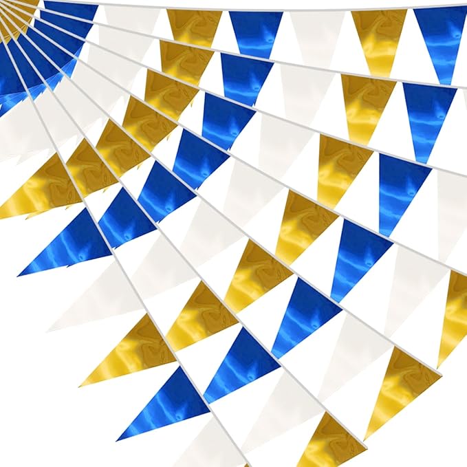130FT Navy-Blue White Gold Triangle Pennant Banner Flag Metallic Fabric Bunting by raqieden
