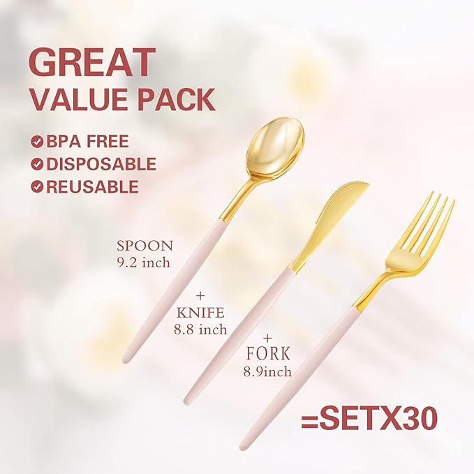 Rubtlamp 90Pcs Gold Plastic Silverware, 60 Plastic Forks and Spoons - Image 2