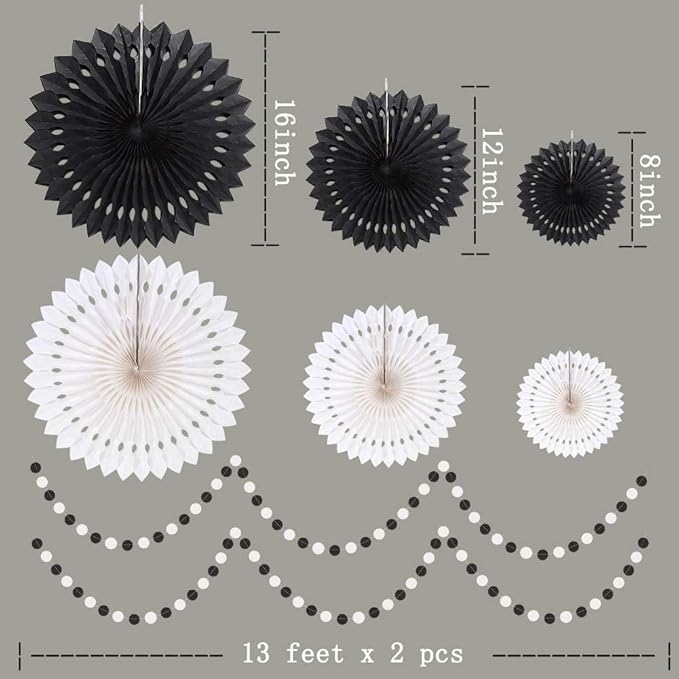 Cheerland Black White Party Decorations Hanging Paper Fans Garland Kit Gothic - Image 4