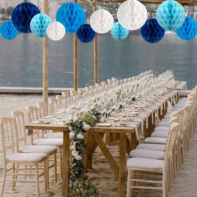 Aiminjey 12Pcs White Blue Paper Honeycomb Flower Balls 6'' 8'' 10'' Decorative - Image 5