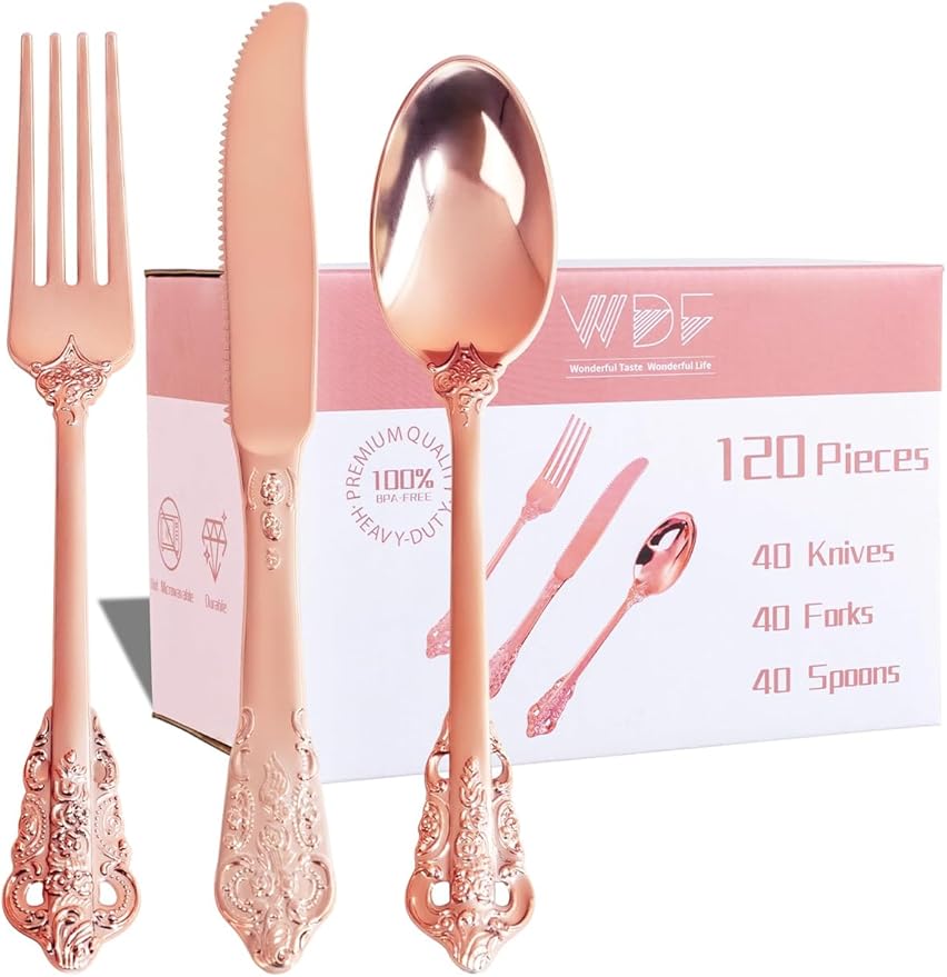 WDF 120Pieces Rose Gold Plastic Silverware by WDF