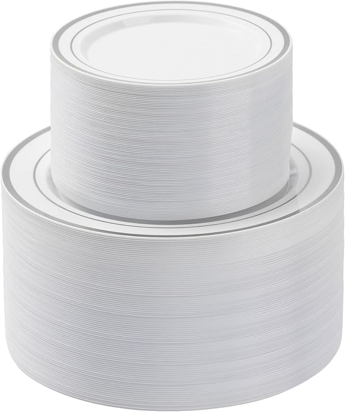 200PCS Silver Plastic Plates Set, 100 10.25 inch Dinner Plates and 100 7.5 inch by BESTSTAR