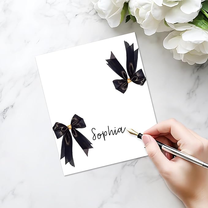 25 Pack Black Bow Place Cards, Editable Name Cards - Image 3