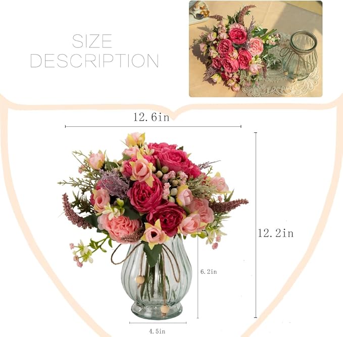 Artificial Peonies Silk Flowers Bouquet in Glass Vase Faux Flowers Bouquets - Image 4