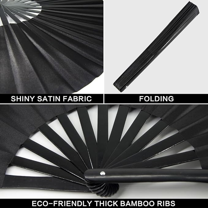 13" Large Rave Fan Bamboo, Folding Clack Hand Fans Foldable - Image 2