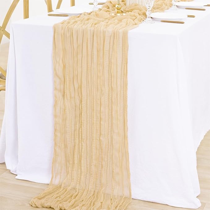12Pcs Shallow Khaki Cheesecloth Table Runner 120 Inch10FT Champagne Rustic Boho - Image 3
