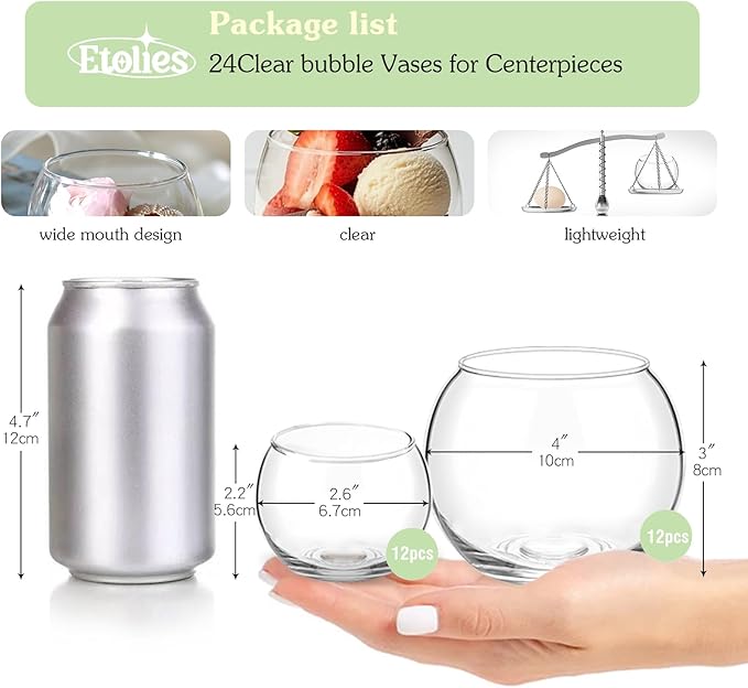 24 Pack Glass Bubble Vases, Small flower bud vases bulk, 2.6"W x2.2"H Set of 12 - Image 2