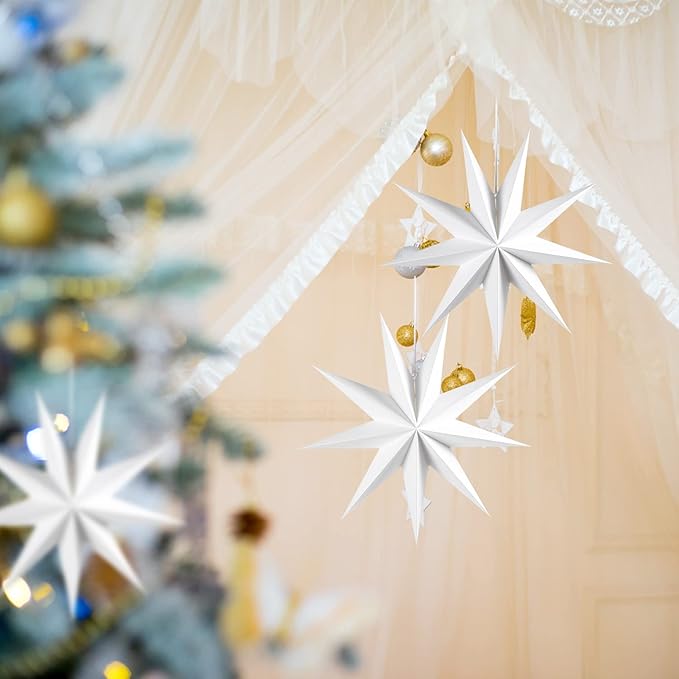 Easy Joy 3Pcs 9-Pointed Paper Star Lanterns 12 Inch Hanging Lampshade Wedding - Image 4