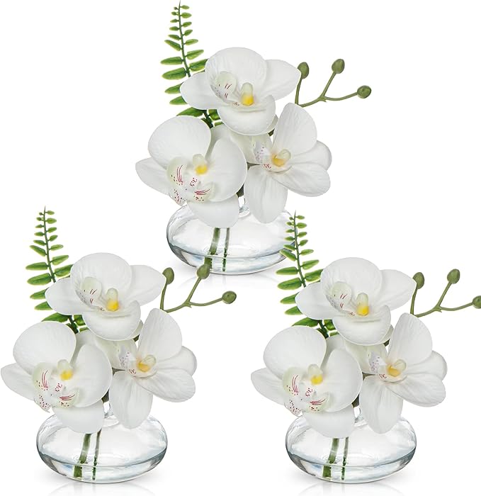 White Orchids Artificial Flowers Faux Orchids Arrangement in Clear Glass Vases by Oairse