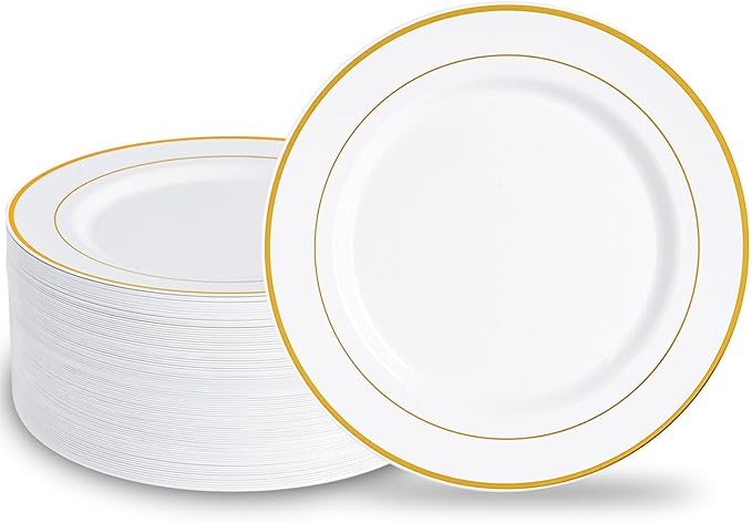 N9R 100PCS Gold Plastic Plates, 10.25 inch White Disposable Dinner Plate by N9RTABLEWARE