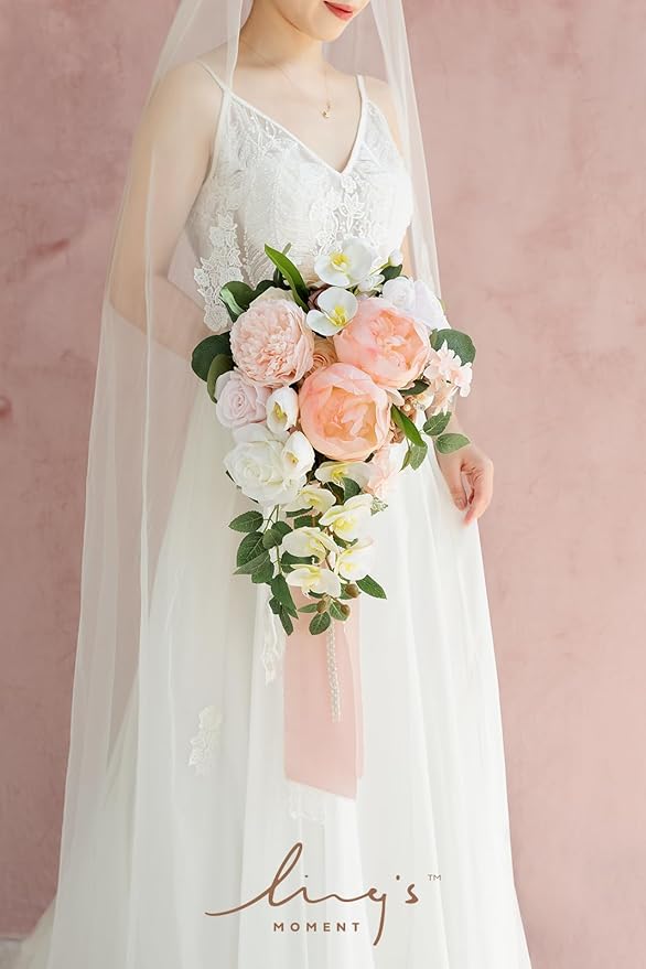 Ling's Moment Blush Bridal Bouquet Cascading, 13 Inch Bride Bouquets - Image 3