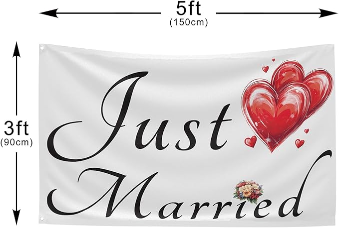 Just Married Flag Banner Outdoor Indoor Decoration Flag 3x5 FT Double Stitched - Image 2