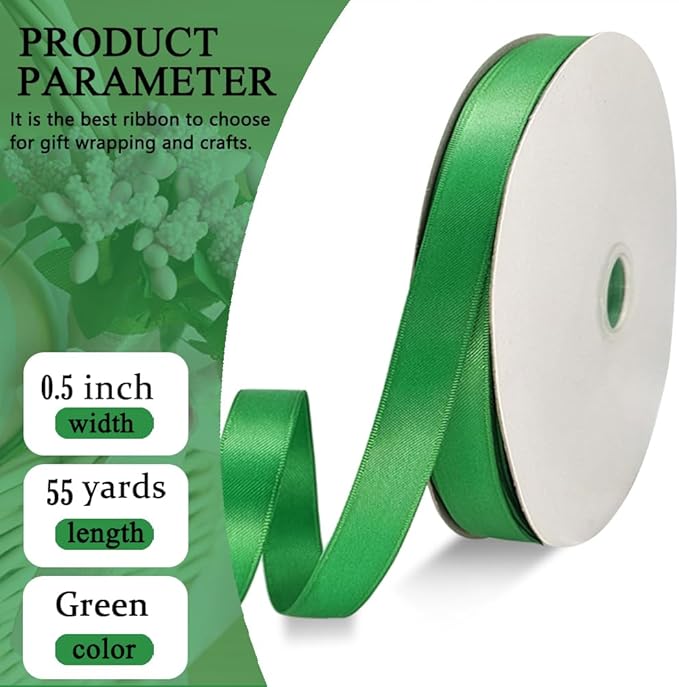 Green Satin Ribbon Double Faced Satin 1/2 inch x 55 Yards Polyester Ribbon - Image 2