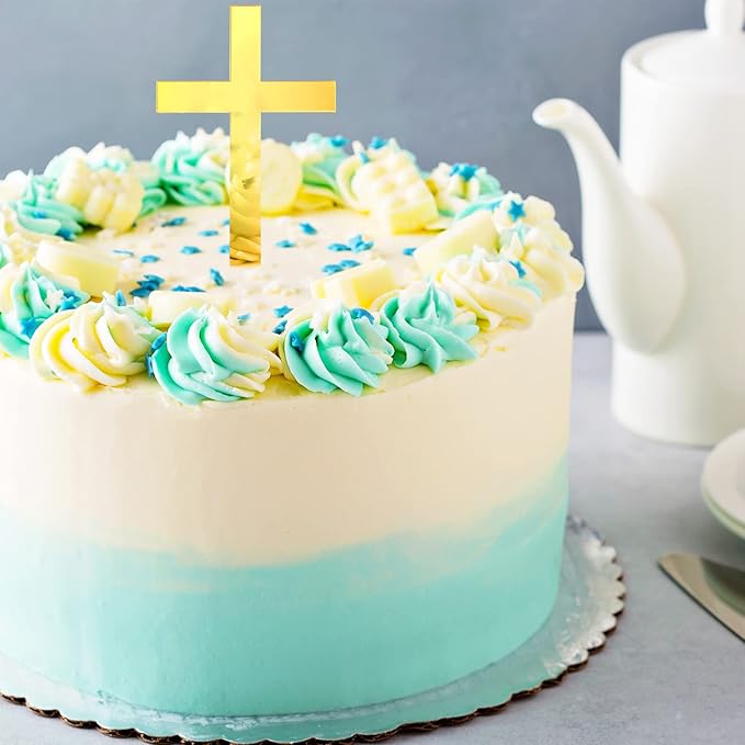 Blulu 16 Pieces Baptism Cake Toppers Crossing Cupcake Toppers Gold Mirror - Image 3