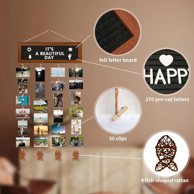 Hanging Photo Display Wall Decor, Picture Frames Collage Felt Letter Board - Image 4