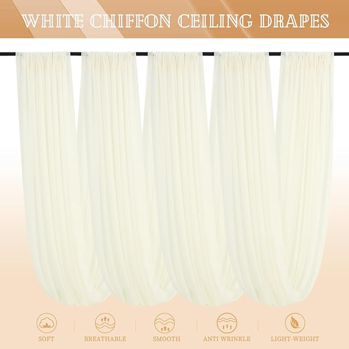 4 Panels Ivory Ceiling Drapes for Wedding 5ftx20ft Sheer Drapery Chiffon Fabric - Image 7