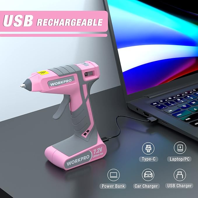 WORKPRO Pink Cordless Hot Melt Glue Gun, 7.2V Rechargeable Fast Preheating Glue - Image 6