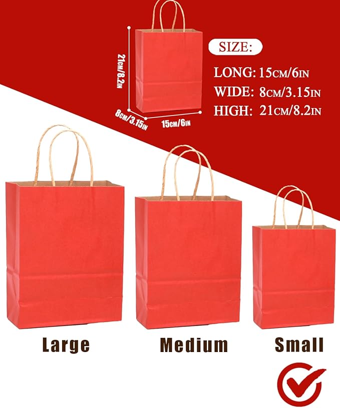 qiqee 50-Packs Gift Bag with Handles Bulk Kraft Red Paper Bags Multiple Uses - Image 3