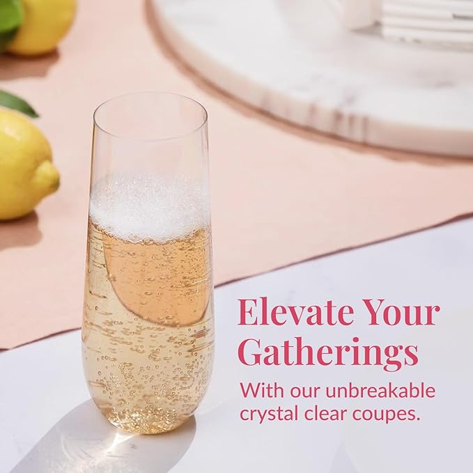 Prestee 24 Plastic Champagne Flutes - 9oz Heavy Duty Stemless Champagne Glasses - Image 2