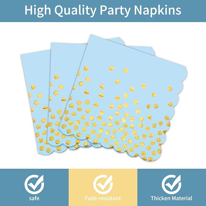 Light Blue Paper Plates and Napkins Party Supplies, Disposable Gold Dot Dessert - Image 4