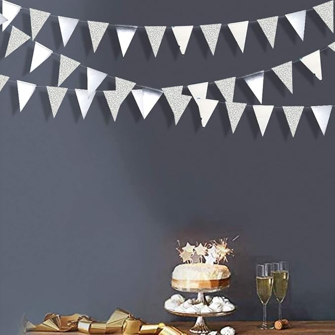 30 Ft Silver Party Decorations Glitter Metallic Paper Triangle Banner Flag - Image 3