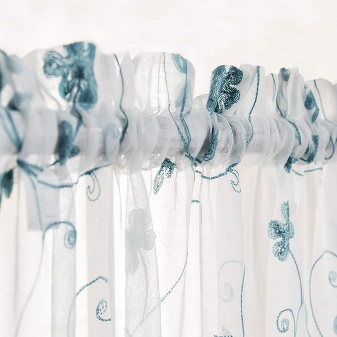 Floral Embroidery Sheer Curtains Blue 63 Inches, Rod Pocket Voile Drapes - Image 7