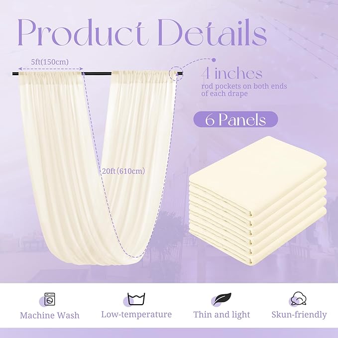 6 Panels Ivory Wedding Drapes, 5ftx20ft Cheesecloth Sheer Fabric Curtain Arch - Image 2