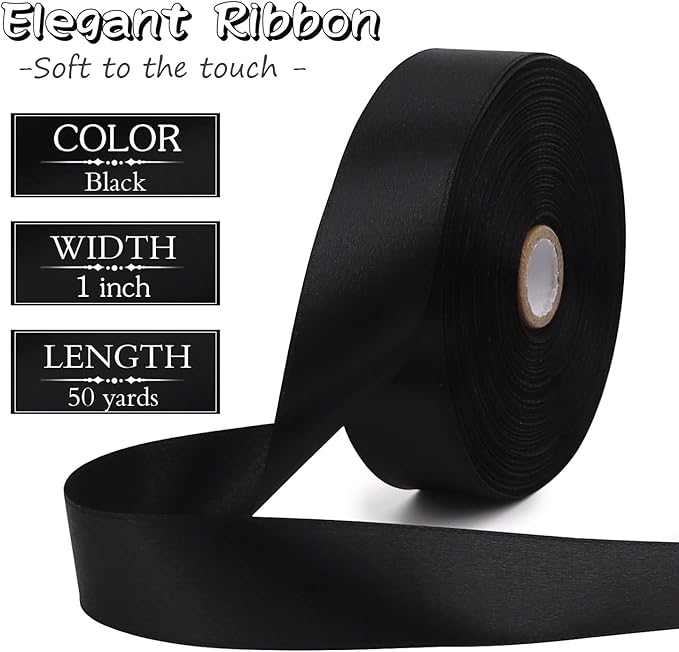 Black Solid Satin Ribbon 1 Inch 50 Yards Solid Polyester Fabric Ribbon - Image 2