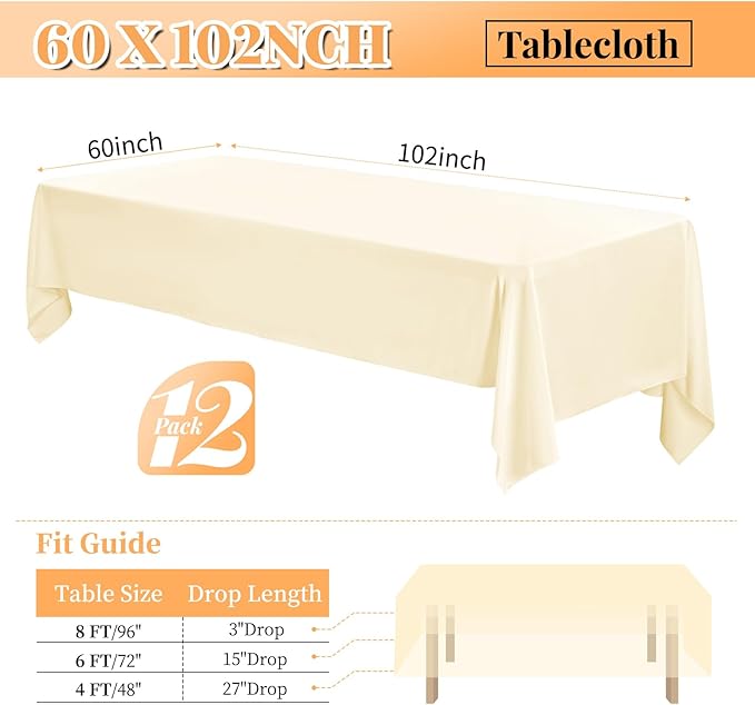 12 Pack 60 x 102 Inch Rectangle Tablecloth, Stain and Wrinkle Resistant - Image 2