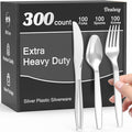 300 Count Extra Heavy Duty Silver Plastic Silverware, 100 Forks, 100 Spoons by Dealusy