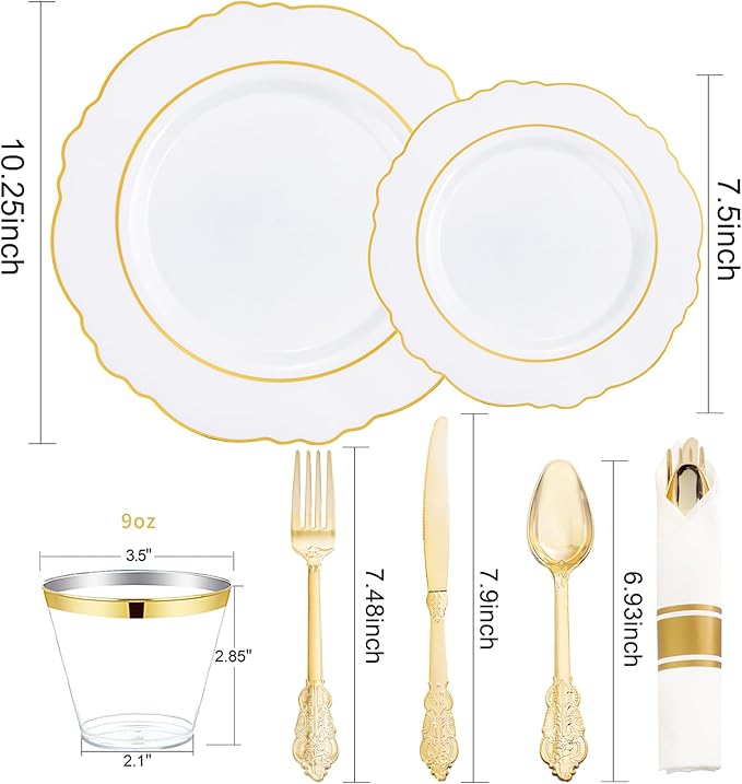 Liacere 350PCS Gold Plastic Plates-Disposable White and Gold Plates 50guest - Image 7