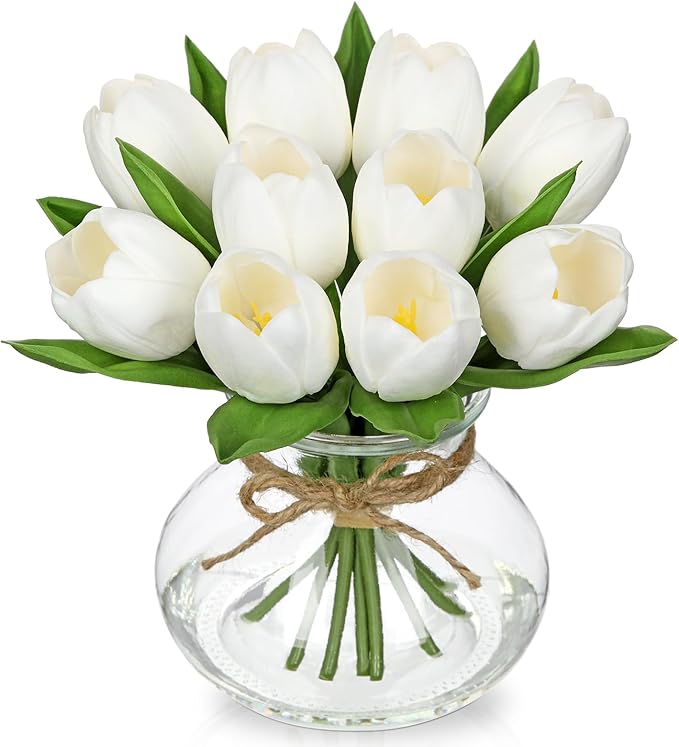 DILATATA Tulips Artificial Flowers in Vase White Fake Flowers Centerpiece by DILATATA