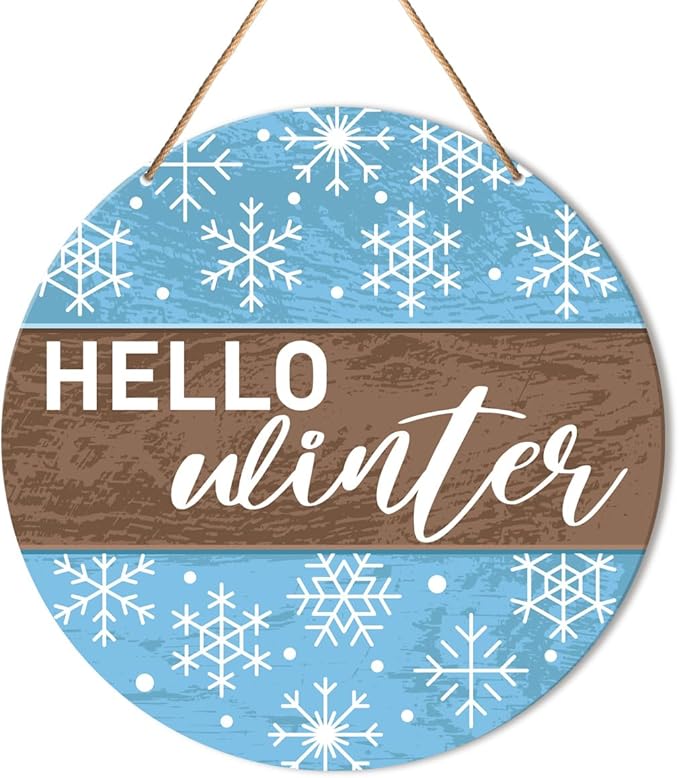 Muktoujaumai Hello Winter Sign Front Door Decor, Christmas Round Hanging Sign by Muktoujaumai