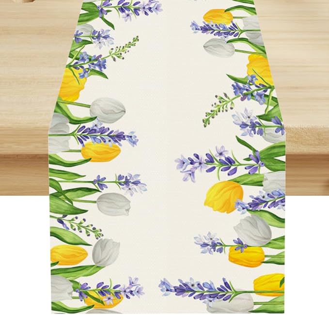 Floral Tulip Lavender Table Runner, Spring Watercolor Flower Plants Nature by ShiTingYu