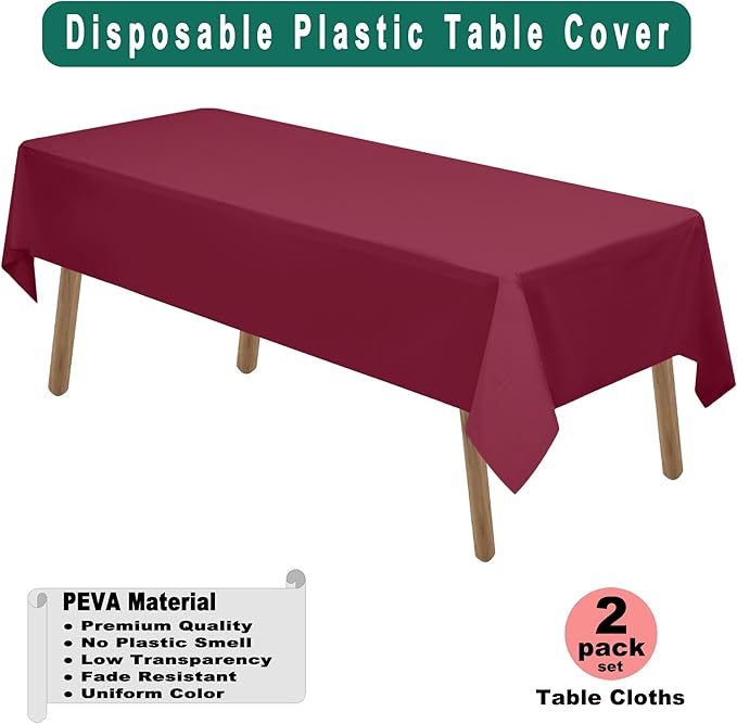 PEVA Burgundy Plastic 2 Pack Tablecloths - Image 2
