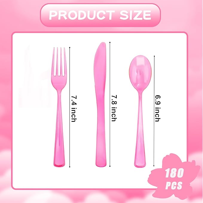WDF 180 Pieces Pink Plastic Silverware Disposable - Image 2