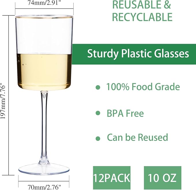 Ciaell 12 Pack Plastic Wine Glasses - 10 Oz Plastic Wine Glasses - Gold Rim - Image 2