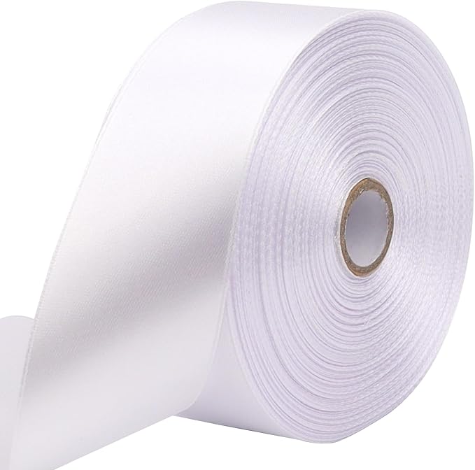 White Solid Satin Ribbon 1-1/2 Inch 50 Yards Solid Polyester Fabric Ribbon by Riunbb
