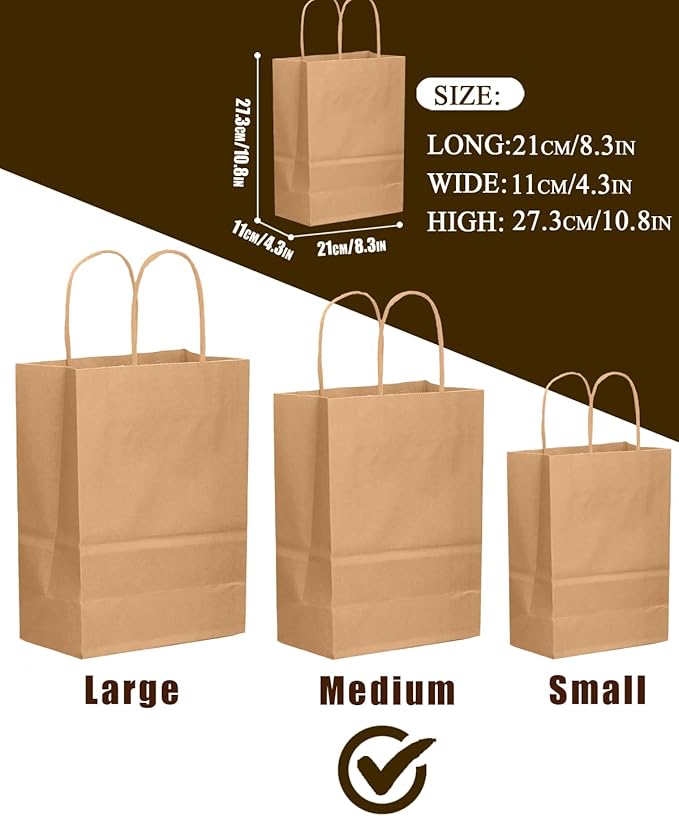 qiqee 100-Packs Brown Paper Gift Bags - Image 3