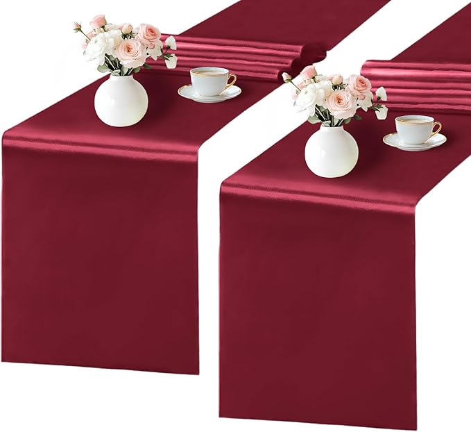 SHEJIZE 2 Pack Wine Red Satin Table Runner 12x108 Inches Long, Bright Silky by SHEJIZE