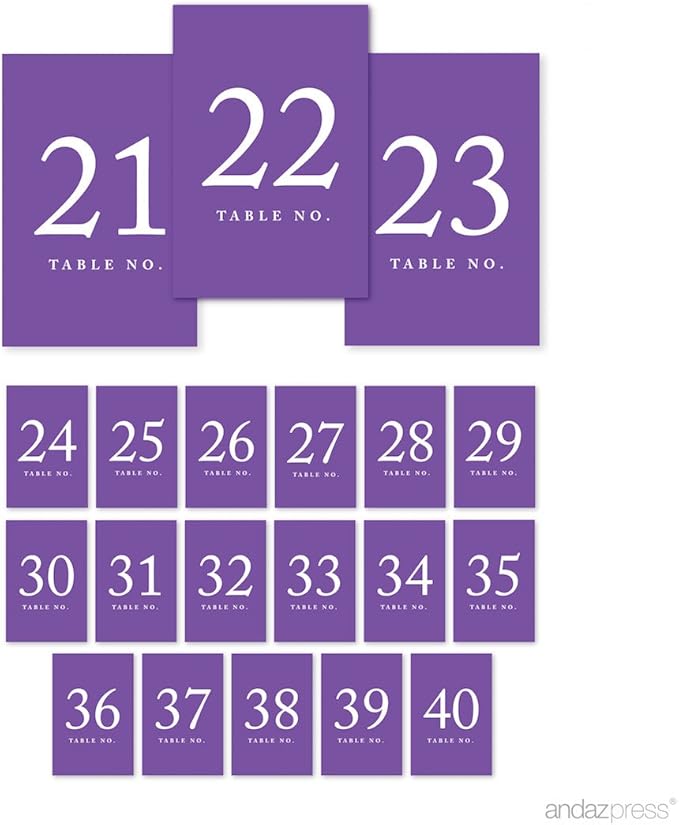 Andaz Press Purple Wedding Table Numbers 21-40, 4x6-Inches Table Number Cards by AndazPress