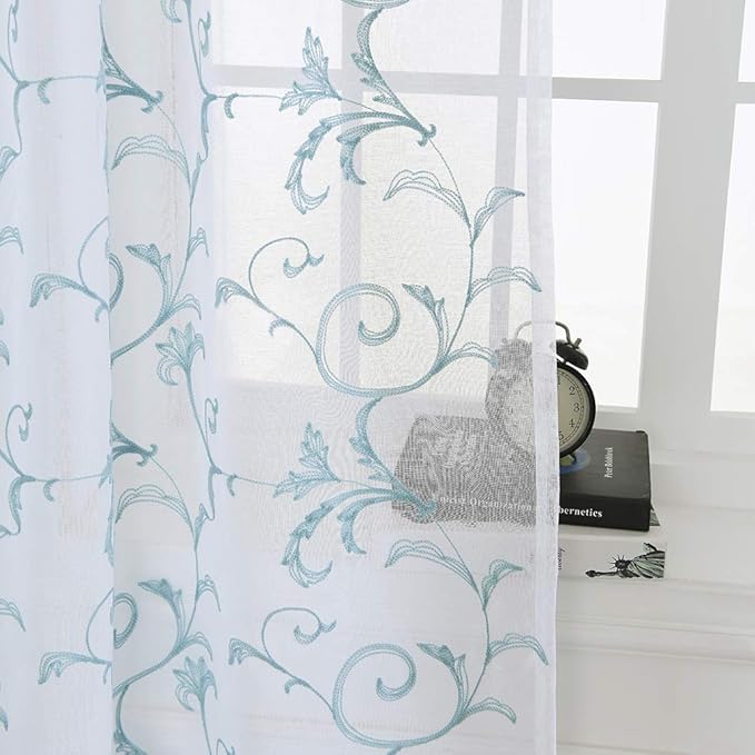 Embroidered Floral Sheer Curtains Blue 63 Inch, Rod Pocket Voile Drapes - Image 3