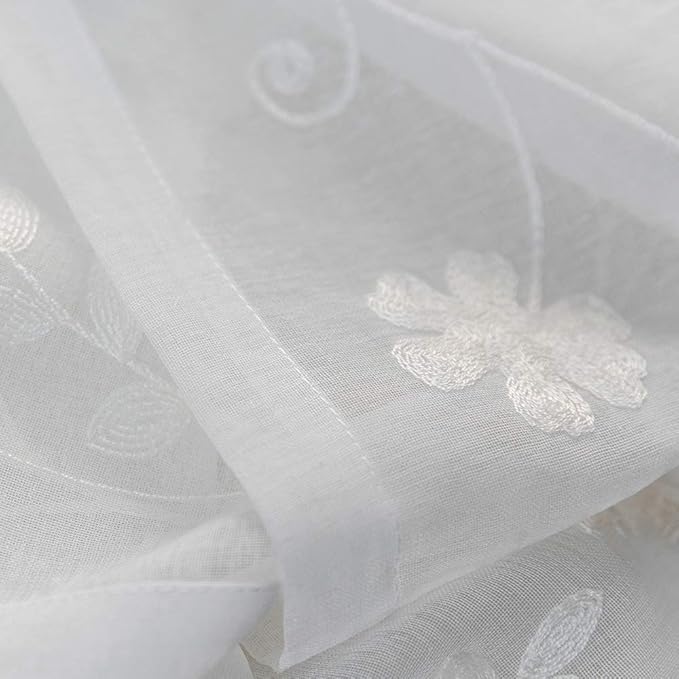 Floral Embroidery Sheer Curtains White 45 Inch Length, Rod Pocket Voile Drapes - Image 6